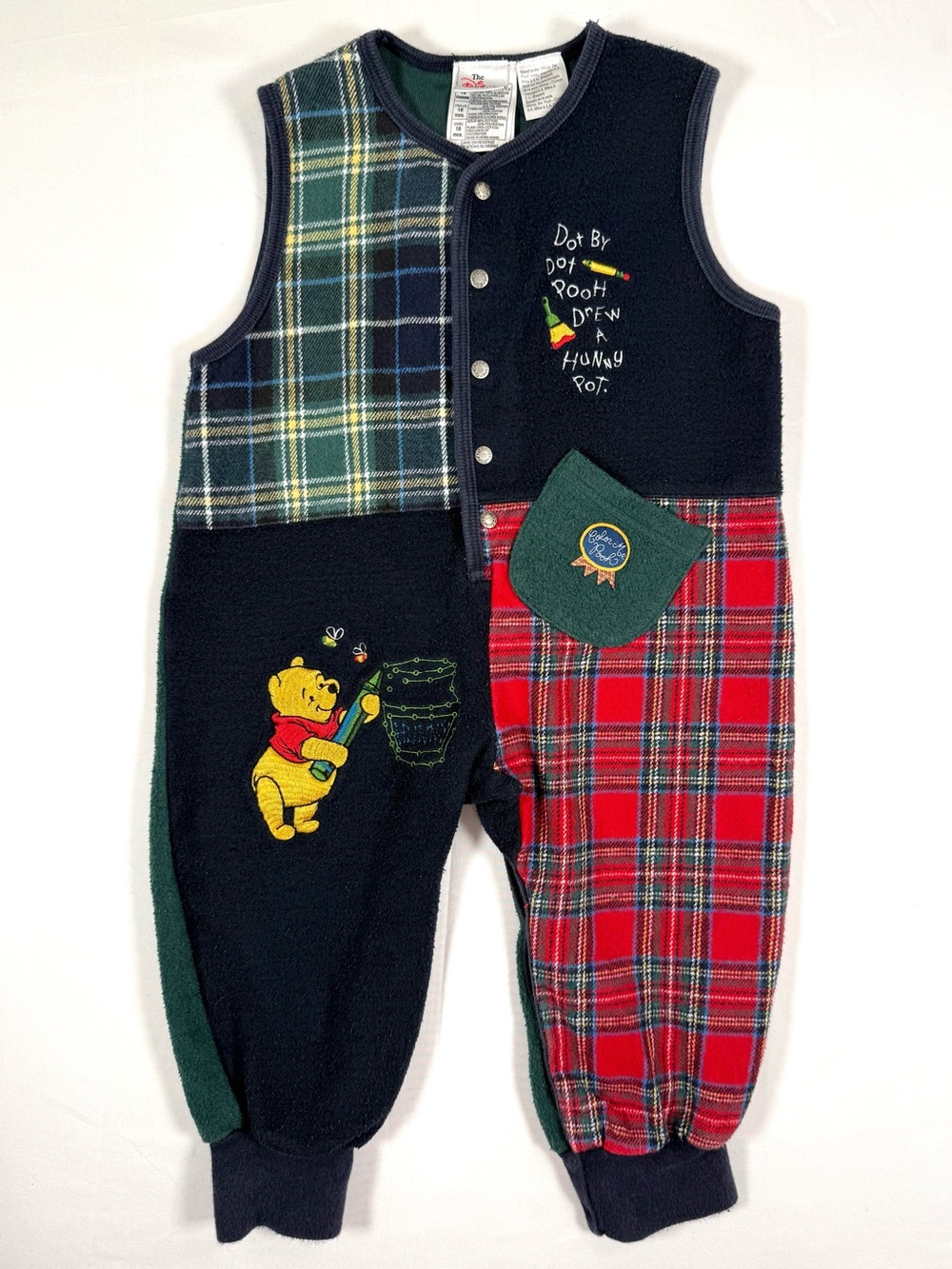 VINTAGE DISNEY STORE Winnie The Pooh Patchwork Fleece Romper 18M‎ Color Rare 90s